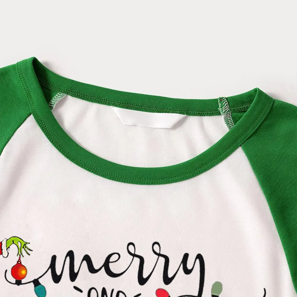 Christmas Cute Cartoon Bulb Print and 'Merry and Light’ Letter Print Casual Long Sleeve Sweatshirts Green Contrast Tops and Black and Green Plaid Pants  Family Matching Raglan Long-sleeve Pajamas Sets