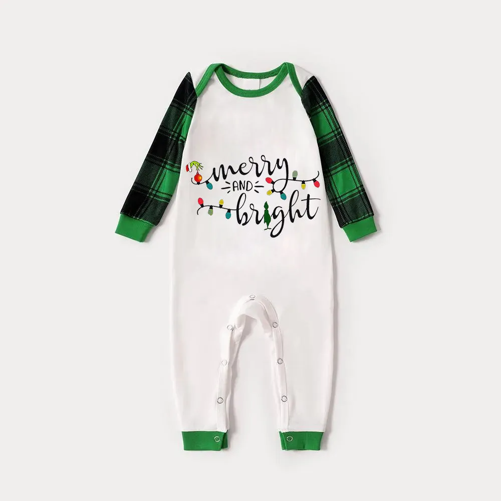 Christmas Cute Cartoon Bulb Print and 'Merry and Light’ Letter Print Casual Long Sleeve Sweatshirts Green Contrast Tops and Black and Green Plaid Pants  Family Matching Raglan Long-sleeve Pajamas Sets