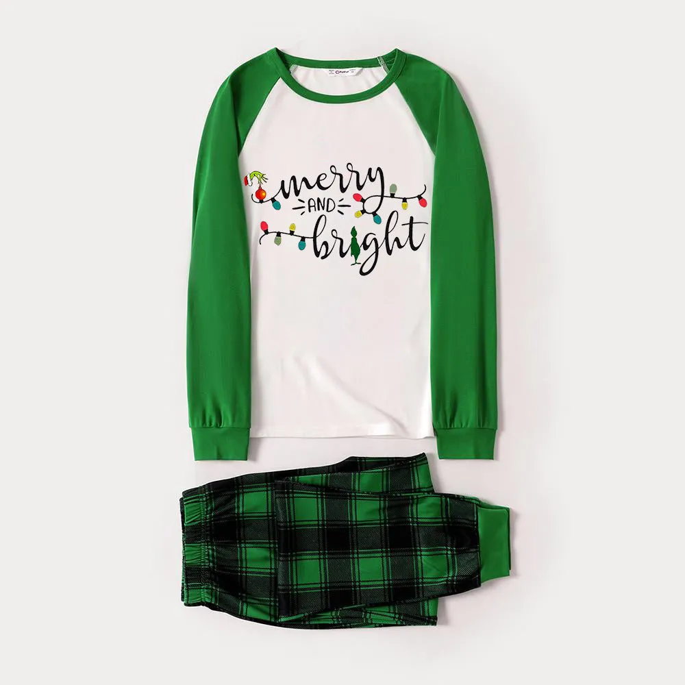 Christmas Cute Cartoon Bulb Print and 'Merry and Light’ Letter Print Casual Long Sleeve Sweatshirts Green Contrast Tops and Black and Green Plaid Pants  Family Matching Raglan Long-sleeve Pajamas Sets