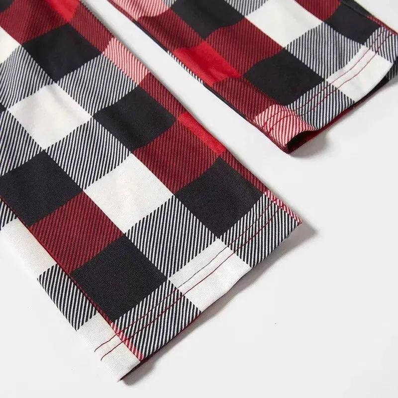 Christmas Cute Cat Prints Red & Black & Grey & White Plaid Couple Matching Pajamas