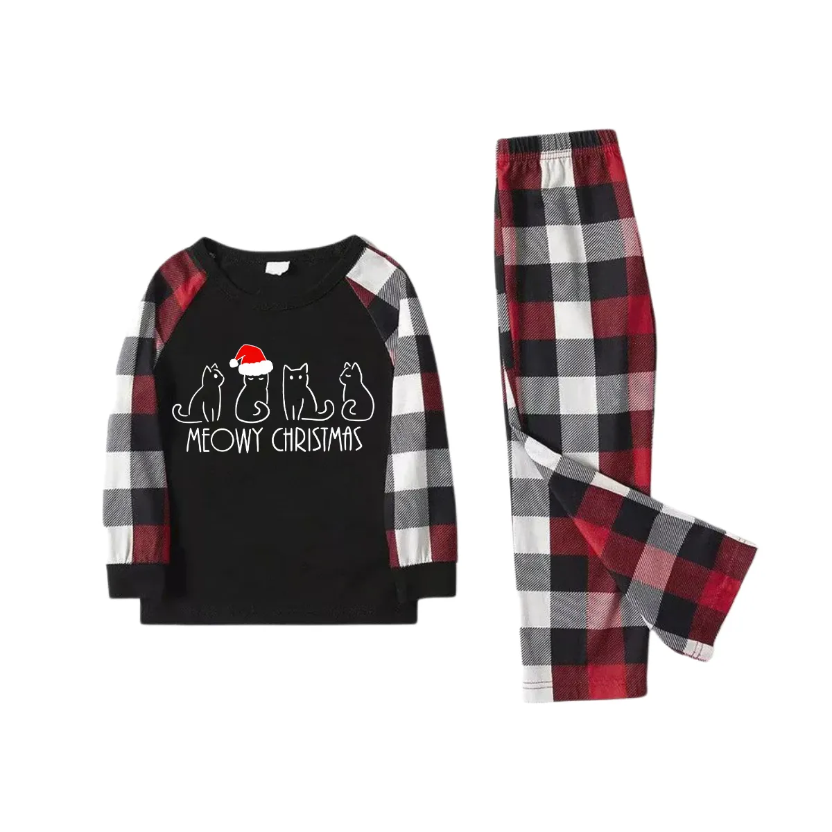 Christmas Cute Cat Prints Red & Black & Grey & White Plaid Couple Matching Pajamas