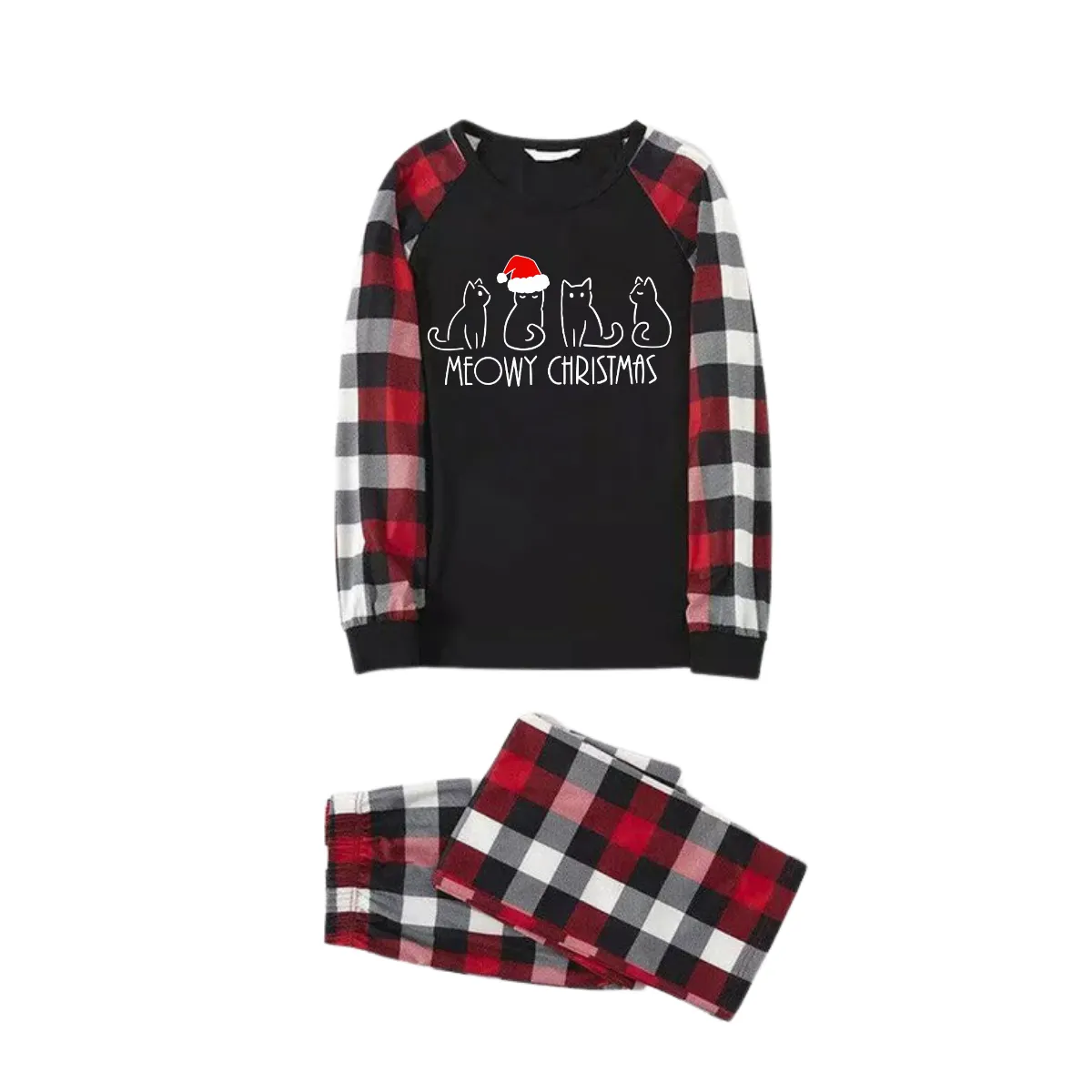Christmas Cute Cat Prints Red & Black & Grey & White Plaid Couple Matching Pajamas