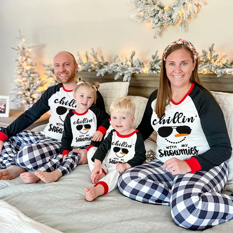 Christmas Family Matching Pajamas Sets Chillin Snowmies Cool Sunglasses Snowman Plaids Pants