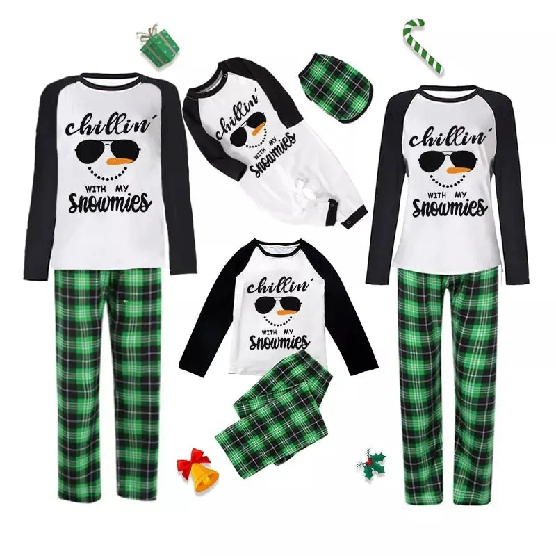 Christmas Family Matching Pajamas Sets Chillin Snowmies Cool Sunglasses Snowman Plaids Pants