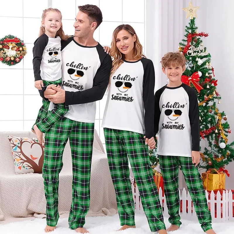 Christmas Family Matching Pajamas Sets Chillin Snowmies Cool Sunglasses Snowman Plaids Pants