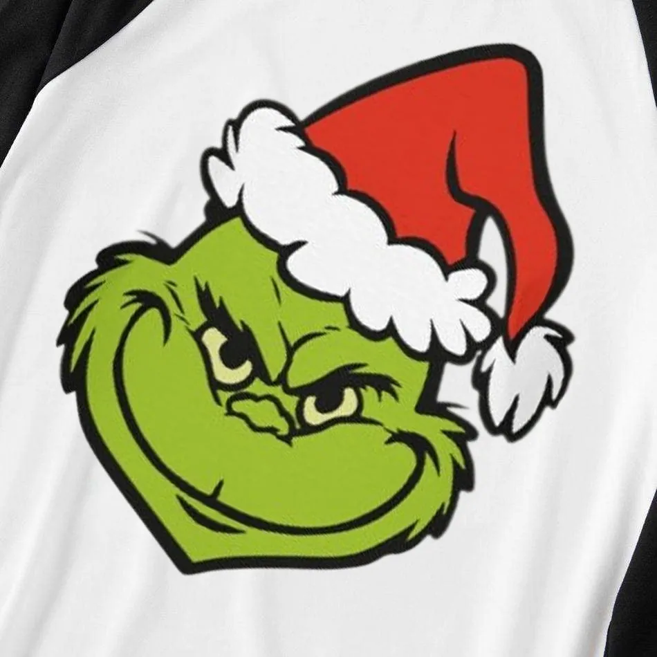 Christmas Smile Cartoon Print Splice Contrast Top and Black and Green Plaid Pants Family Matching Pajamas Sets
