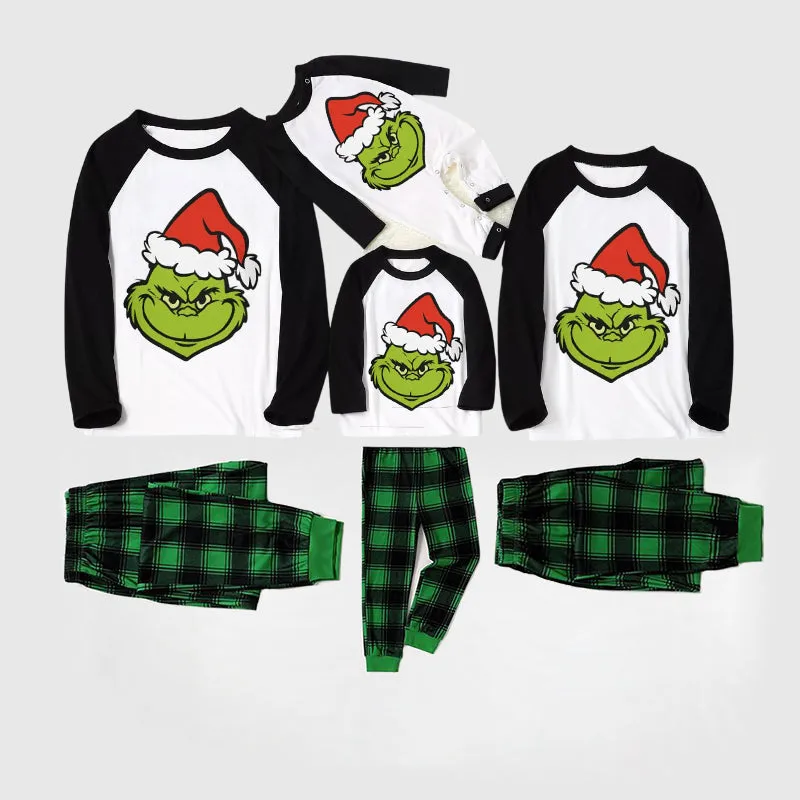 Christmas Smile Cartoon Print Splice Contrast Top and Black and Green Plaid Pants Family Matching Pajamas Sets