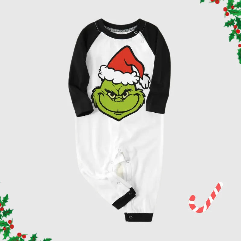 Christmas Smile Cartoon Print Splice Contrast Top and Black and Green Plaid Pants Family Matching Pajamas Sets