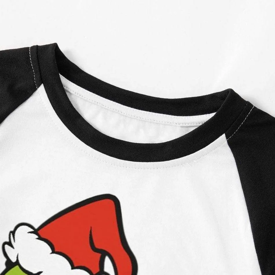 Christmas Smile Cartoon Print Splice Contrast Top and Black and Green Plaid Pants Family Matching Pajamas Sets