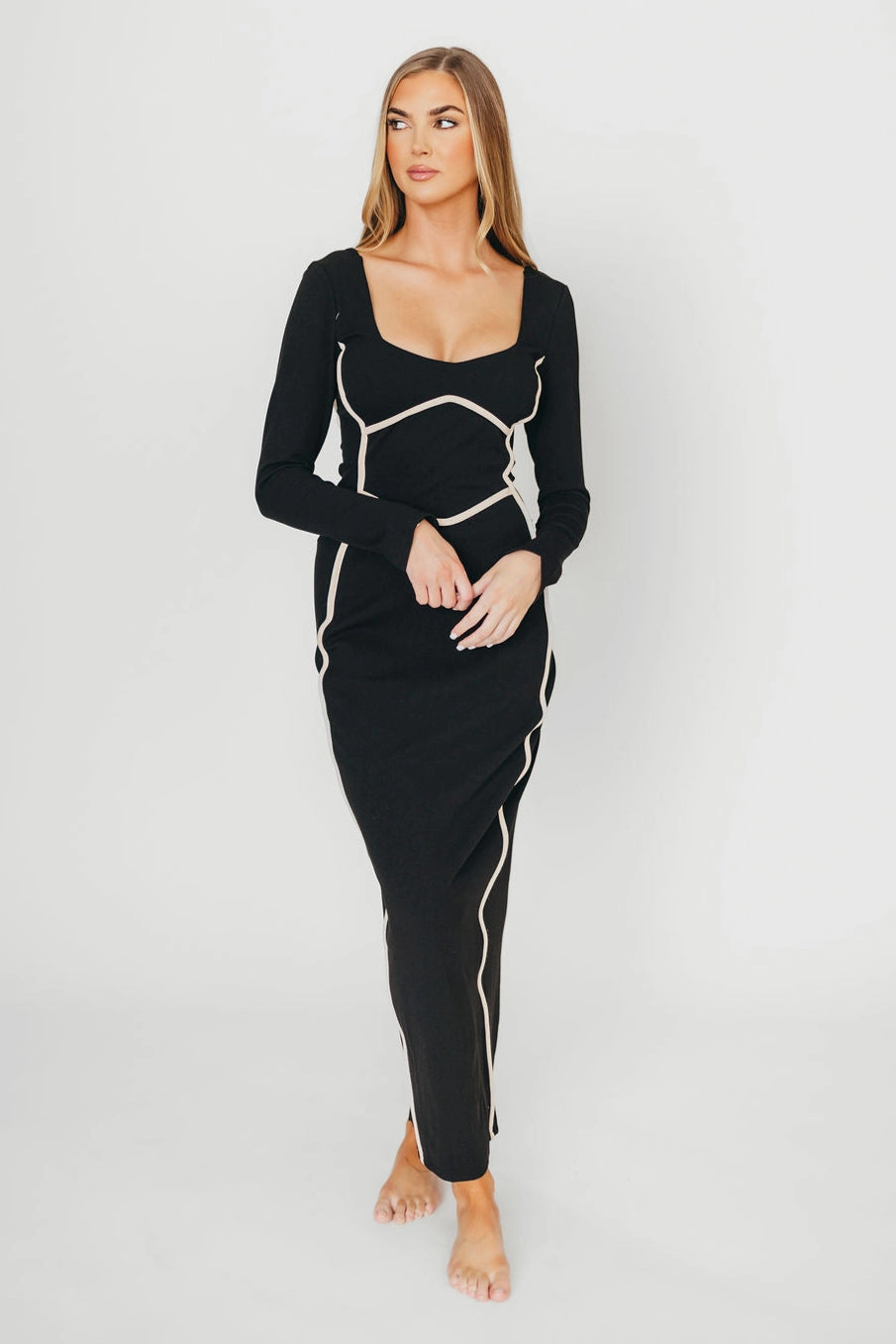 Relaxed Look Shana Bodycon Midi Dress with Piping Trim in Black *Final-Sale*