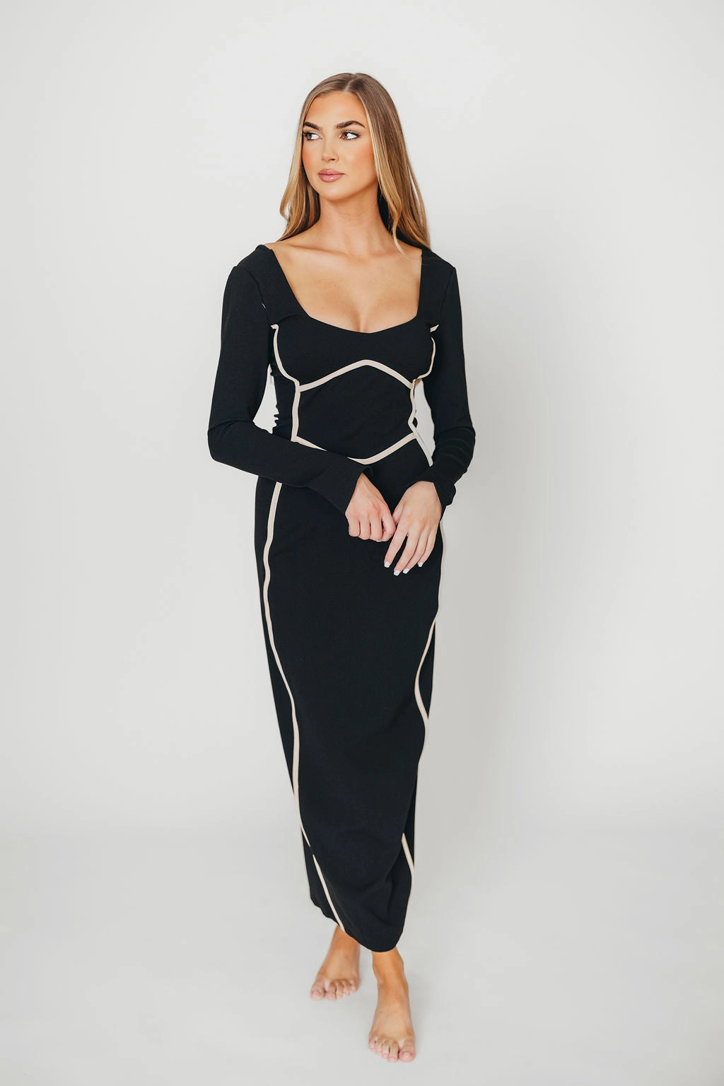 Shana Bodycon Midi Dress with Piping Trim in Black *Final-Sale* Flowing Design Skin Touch