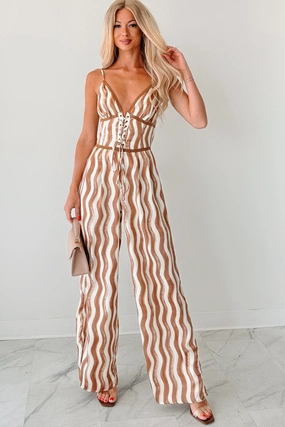 Anti Pilling Technology Soft touch finish Keep It Groovy Striped Wide Leg Jumpsuit (Mocha Combo)