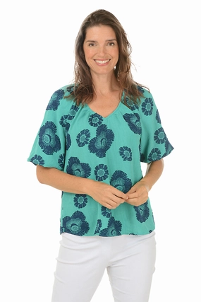 Lapis Floral Jacquard Puffed Sleeve Blouse HighDensityFoam High Density Knit
