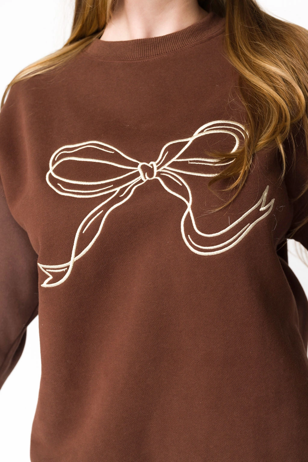 Claire Embroidered Bow Sweatshirt in Chocolate *Final-Sale* Four Way Stretch AbrasionResistantEdging