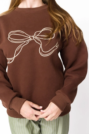 Claire Embroidered Bow Sweatshirt in Chocolate *Final-Sale* Reinforced Seams Lightweight Material