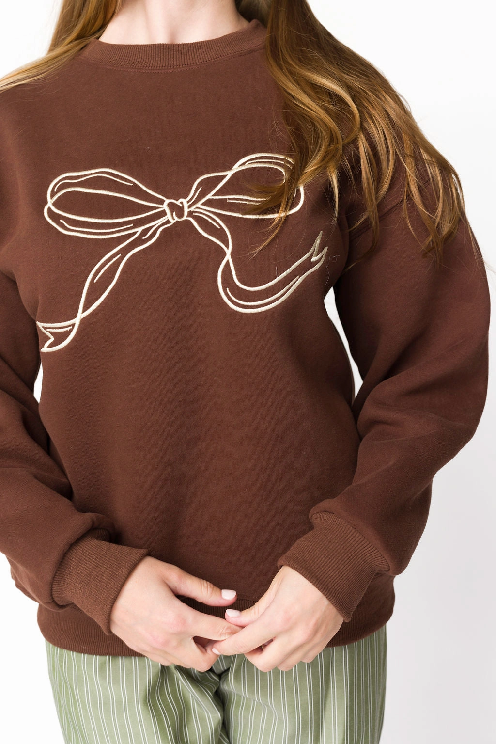 Claire Embroidered Bow Sweatshirt in Chocolate *Final-Sale* Reinforced Seams Lightweight Material