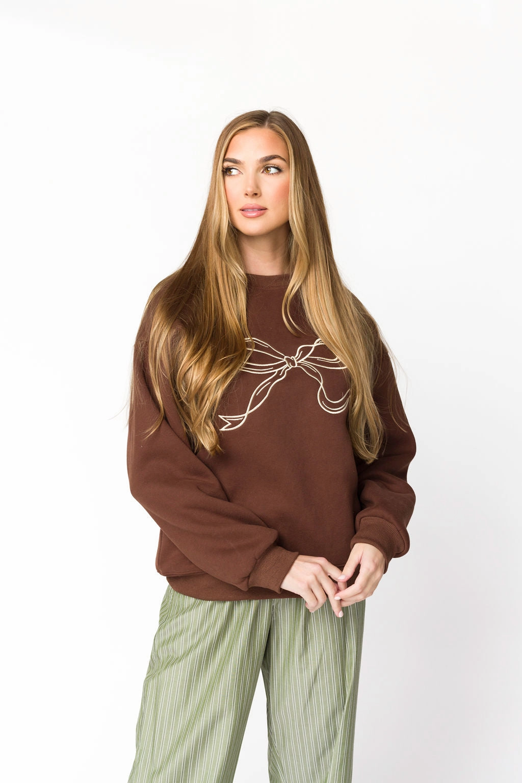 Soft Wool Lightweight Jacket Claire Embroidered Bow Sweatshirt in Chocolate *Final-Sale*