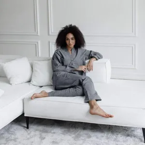 Classic Cotton Pajama Set For Women, Gray Loungewear Set, Pant & Long Sleeve Shirt, Organic Loungewear Set, Comfortable Pajamas For Her
