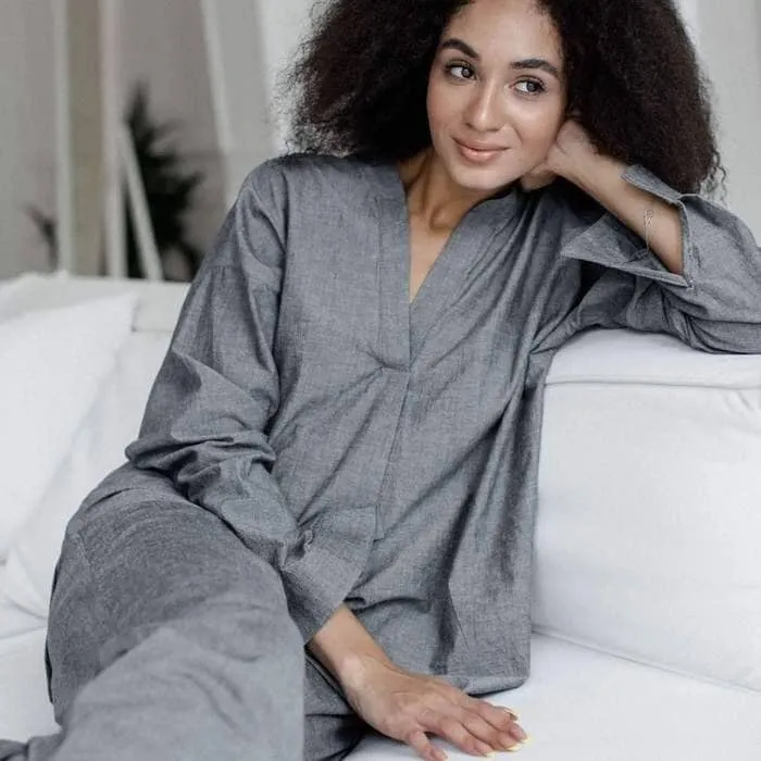 Classic Cotton Pajama Set For Women, Gray Loungewear Set, Pant & Long Sleeve Shirt, Organic Loungewear Set, Comfortable Pajamas For Her