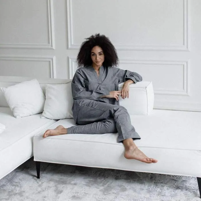 Classic Cotton Pajama Set For Women, Gray Loungewear Set, Pant & Long Sleeve Shirt, Organic Loungewear Set, Comfortable Pajamas For Her