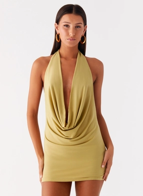 Haisley Cowl Mini Dress - Lime Green High low hem Brunch Tone