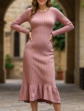 Ruffle hem solid color long sleeve dress Classic Edge