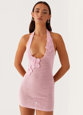 Smooth Lines Luciana Crochet Halterneck Mini Dress - Pink