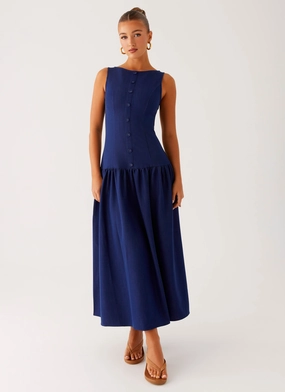 Flowy Texture Grace Vibe Hayes Denim Midi Dress - Indigo