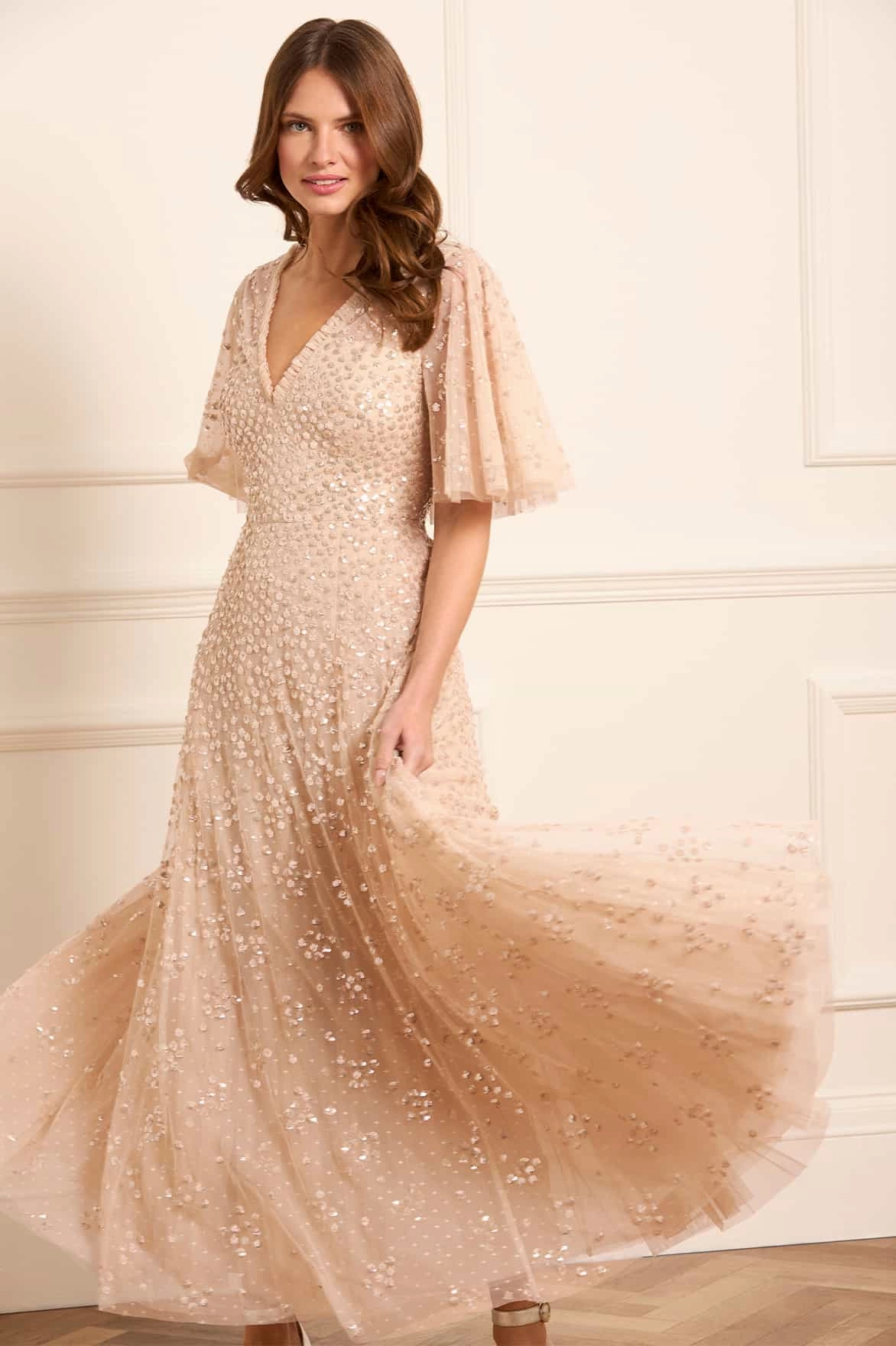 Leila Dot V-Neck Cape Ankle Gown Lined interior Sophisticated Cut