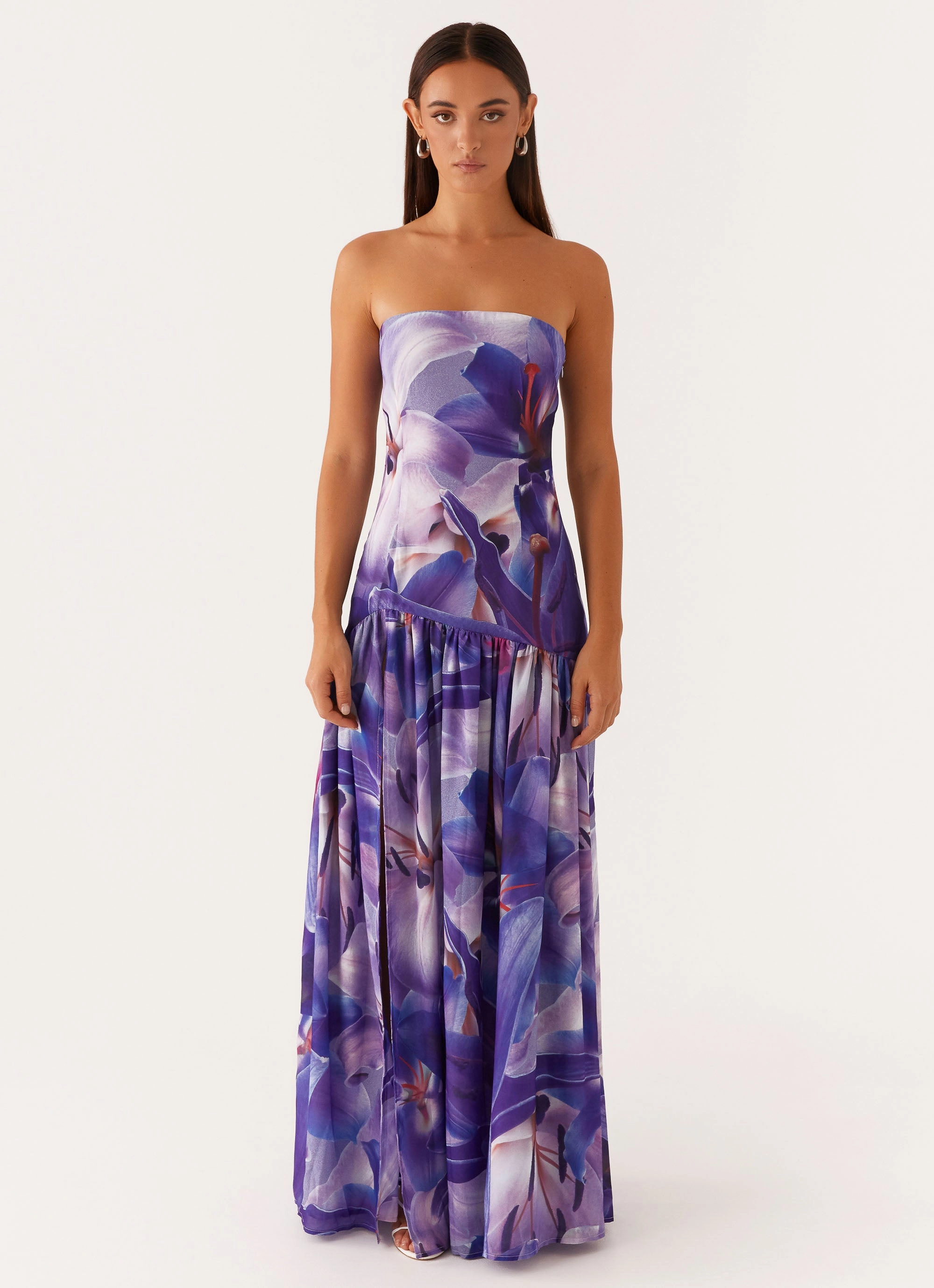 Eden Strapless Maxi Dress - Purple White Lilly Quick Elegance Contemporary Vibe
