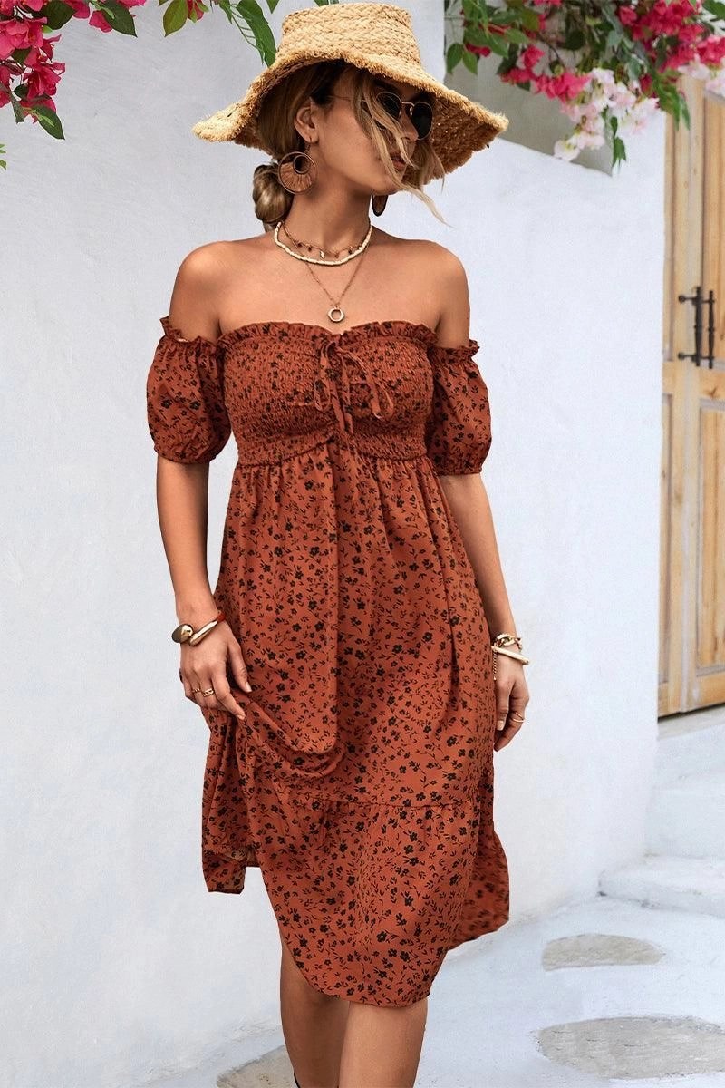 Warm Touch Effortless Elegance PATTERNED OFF SHOULDER PUFF SLEEVE DRESS