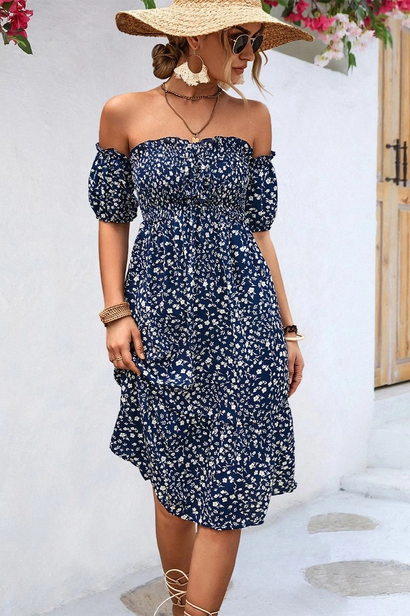 PATTERNED OFF SHOULDER PUFF SLEEVE DRESS Soft Contour Non-Pilling