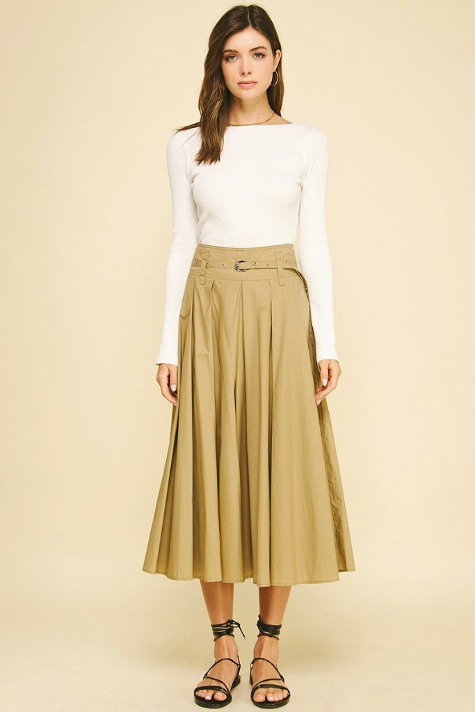 Contrast Stitching Clementine Belited Midi Skirt in Khaki