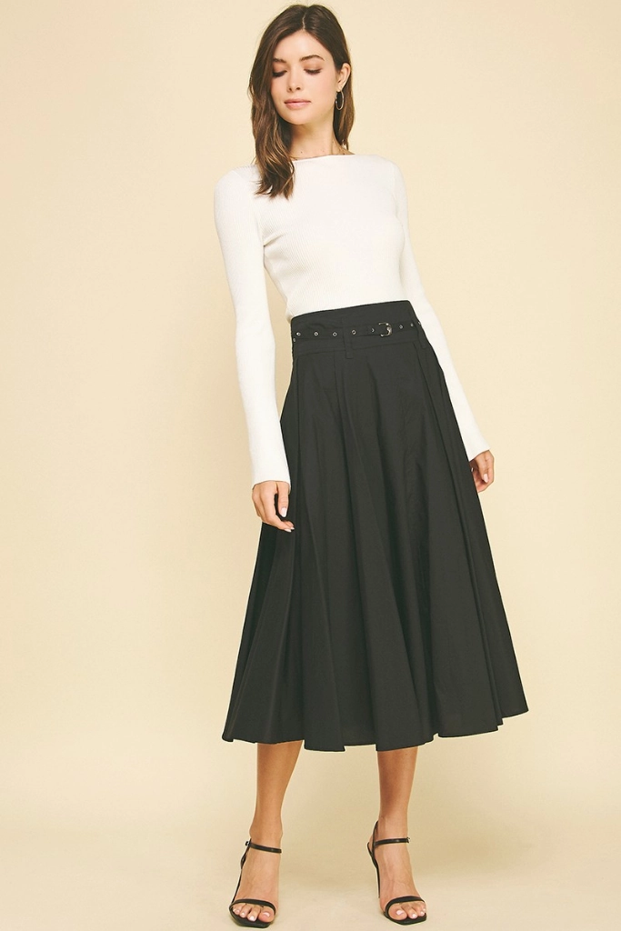 Clementine Belted Midi Skirt in Black Soft Motion
