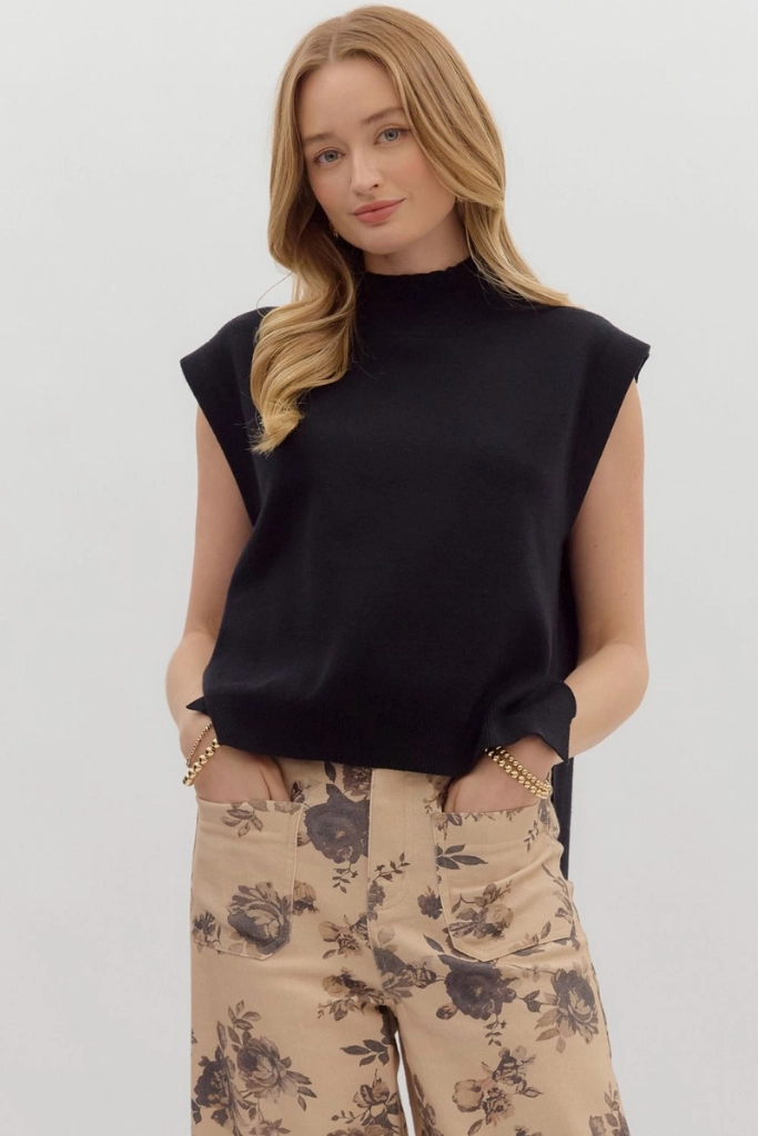 Cleo Sleeveless Mock Neck Sweater in Black Odor Resistant Treatment