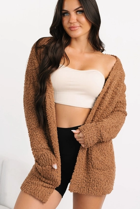 Cloud Cocoon Zenana Popcorn Knit Cardigan (Deep Camel) Midweight Texture