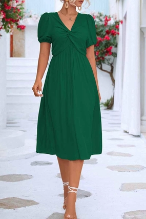 Wrinkle-Free-Finish KINK V NECK BALLOON SLEEVE RUFFLED MIDI DRESS