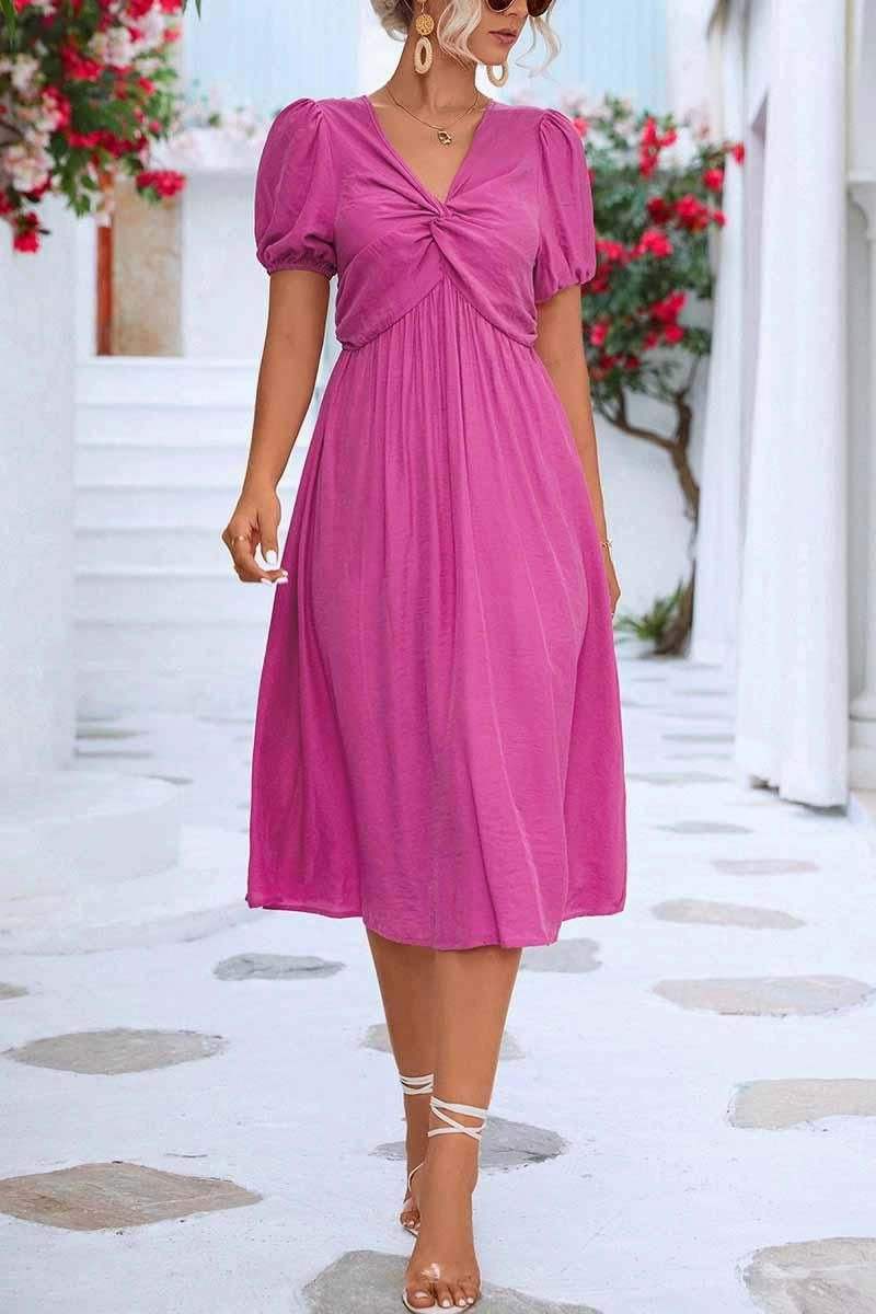 KINK V NECK BALLOON SLEEVE RUFFLED MIDI DRESS Draped-Style