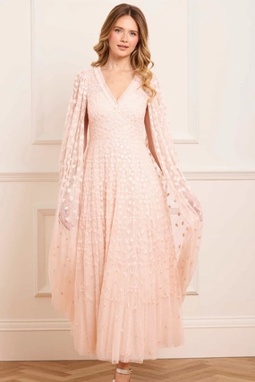 Clover Cape Sleeve Ankle Gown Subtle Fit Draped-Style
