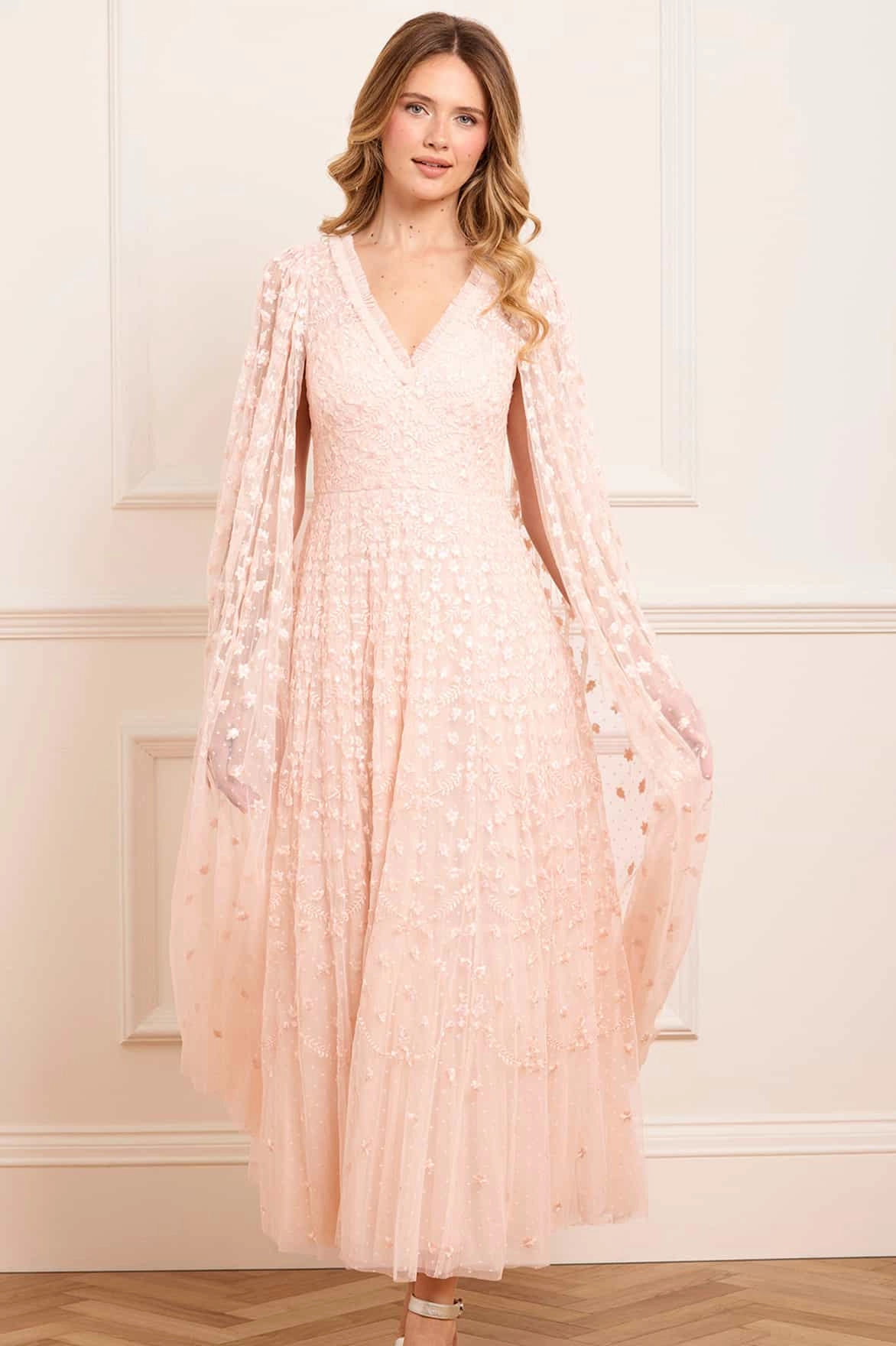 Clover Cape Sleeve Ankle Gown Subtle Fit Draped-Style