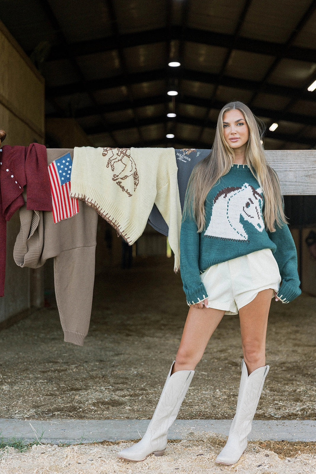 Low Profile Collar Flowy Tunic Clyde Horse Sweater in Green