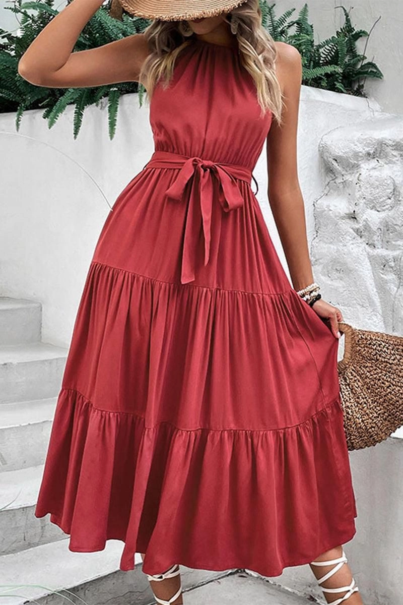 Timeless Comfort TIED WAIST TIERED HALTER DRESS