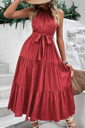 Autumn Mood TIED WAIST TIERED HALTER DRESS