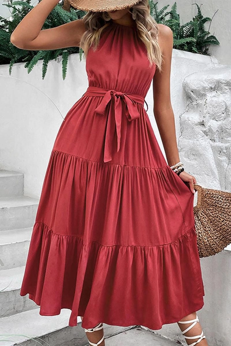 TIED WAIST TIERED HALTER DRESS Youthful Look Breeze Flow