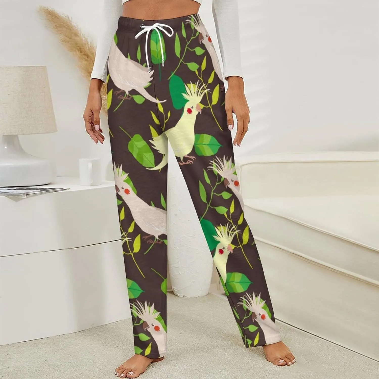 Cockatoos And Leafs Women's Flannel Pajama Pants Fleece Lounge Sleep Bottoms PJ