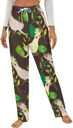 Cockatoos And Leafs Women's Flannel Pajama Pants Fleece Lounge Sleep Bottoms PJ