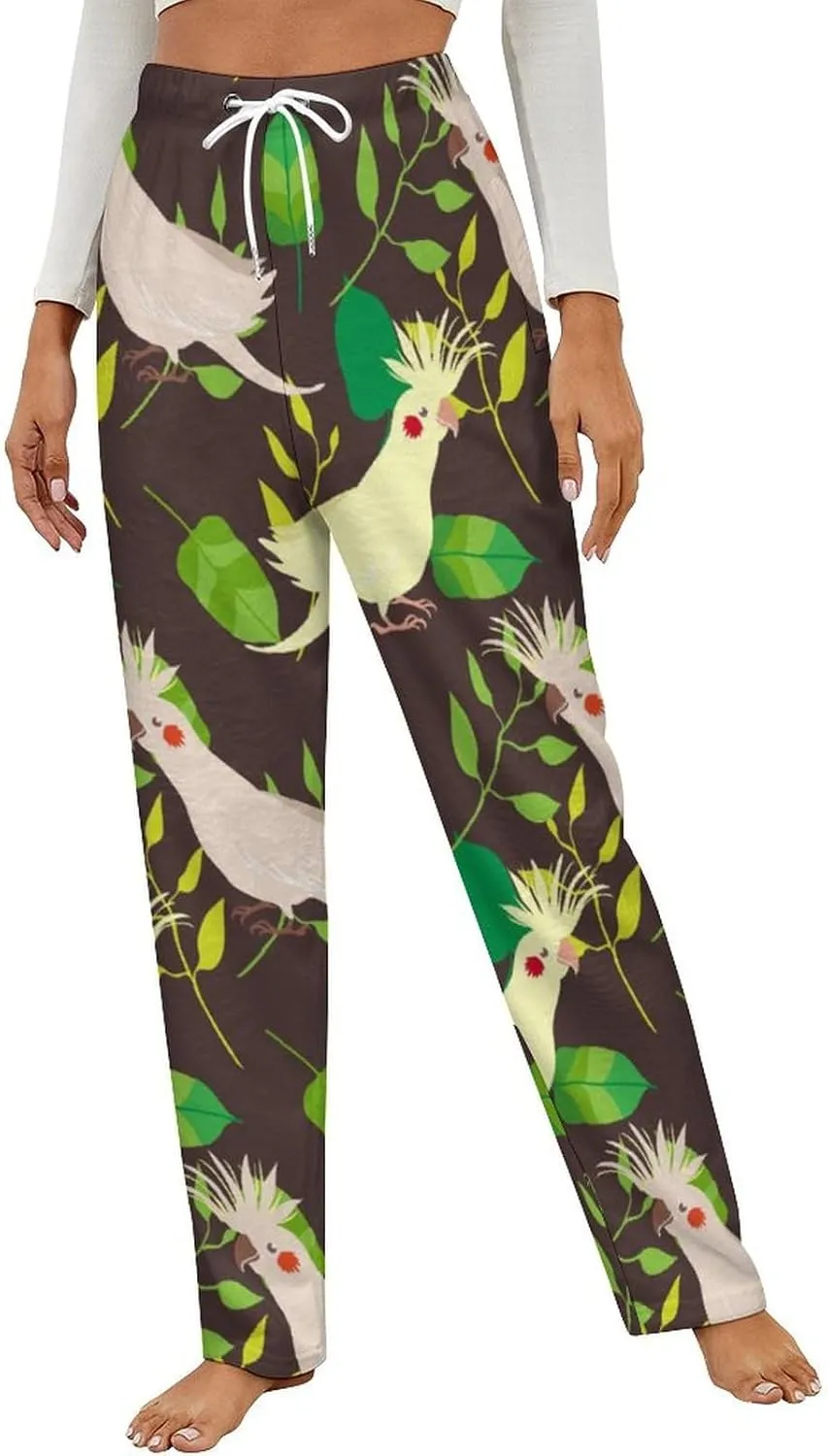 Cockatoos And Leafs Women's Flannel Pajama Pants Fleece Lounge Sleep Bottoms PJ