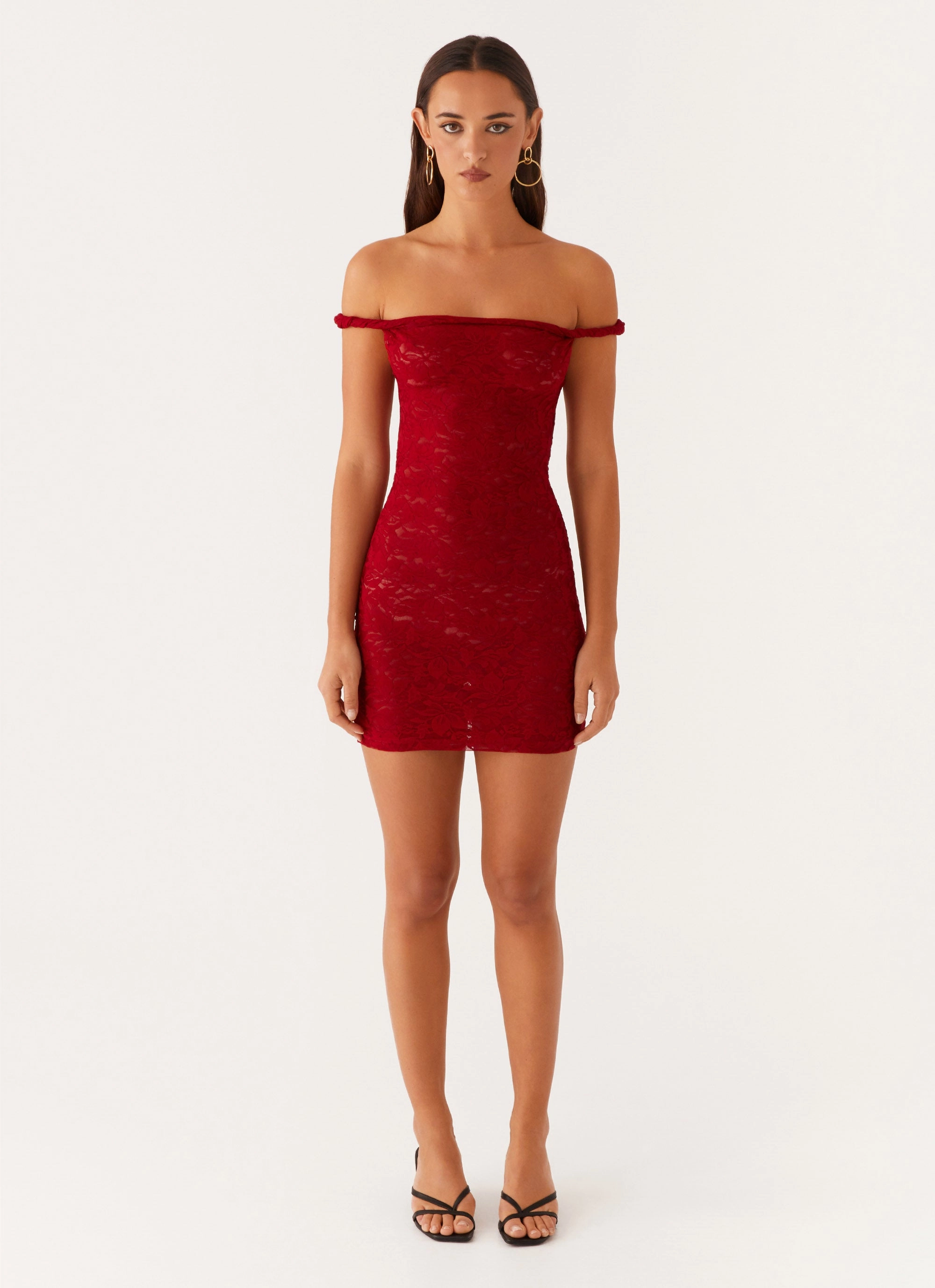 Flattering bodycon dress Cool Draping Arabella Lace Twist Shoulder Mini Dress - Red