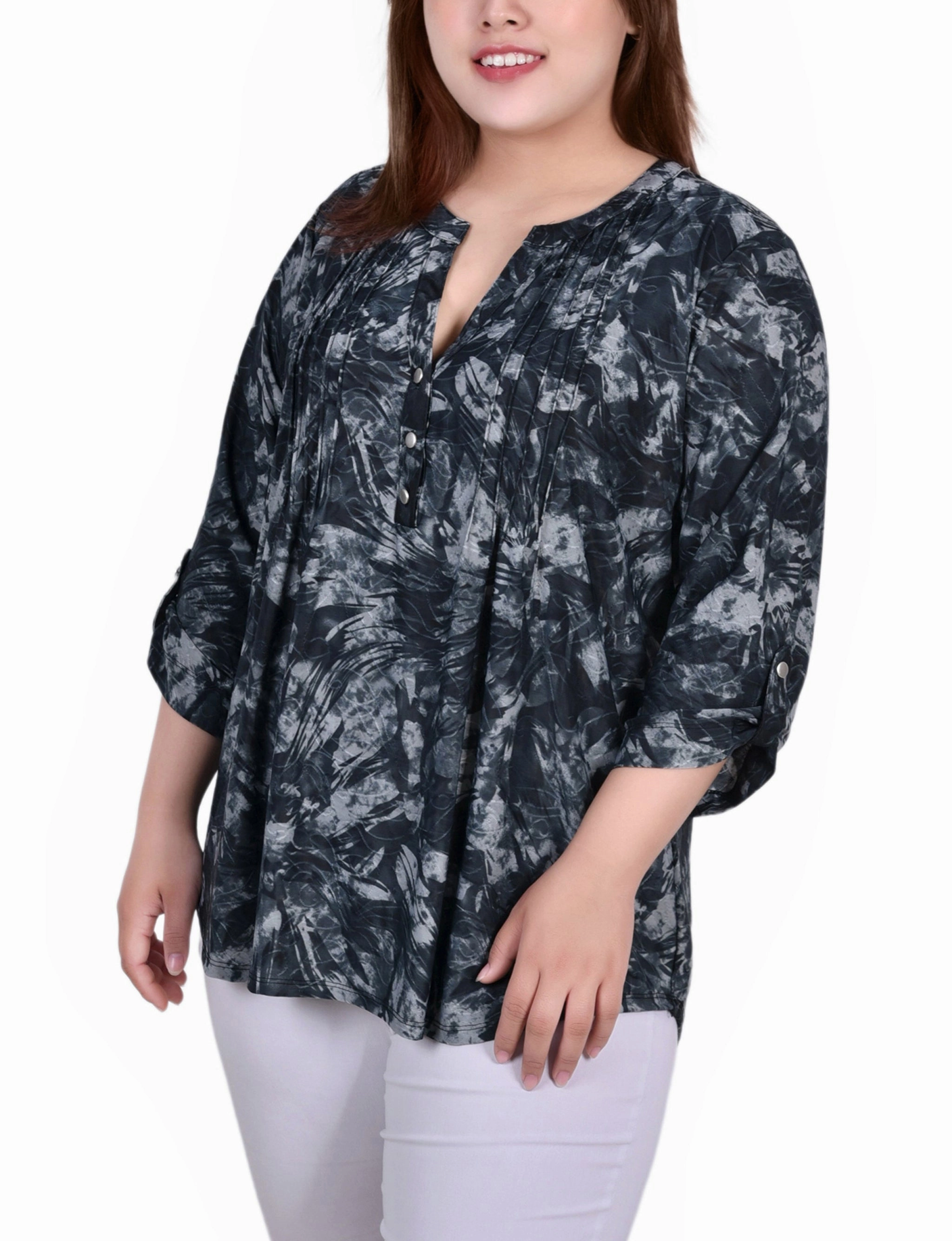 SoftKnit Compact Stitching Plus Size 3/4 Sleeve Roll Tab Y Neck Pullover Top