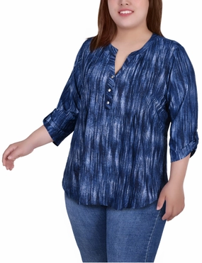 Plus Size 3/4 Sleeve Roll Tab Y Neck Pullover Top LowProfileZipperSystem